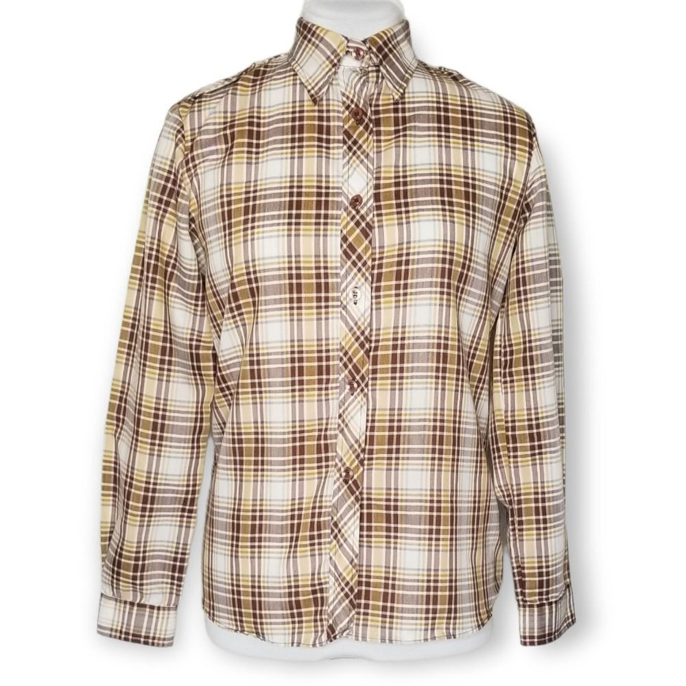 ⚡️Vintage Lightweight Long Sleeve Button Up Top Brown Tan Plaid Western Boho